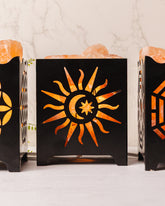 Zwarte ijzeren korf met Himalaya zoutstenen (zoutlamp)