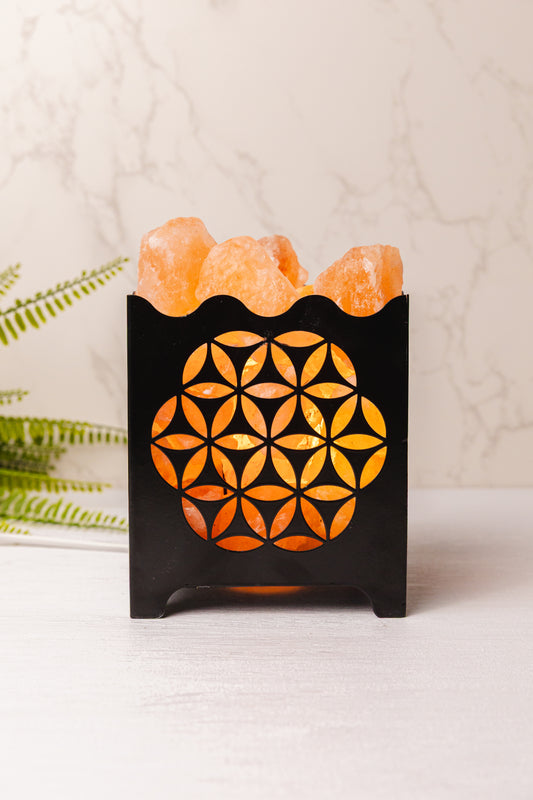 Zwarte ijzeren korf met Himalaya zoutstenen (zoutlamp)