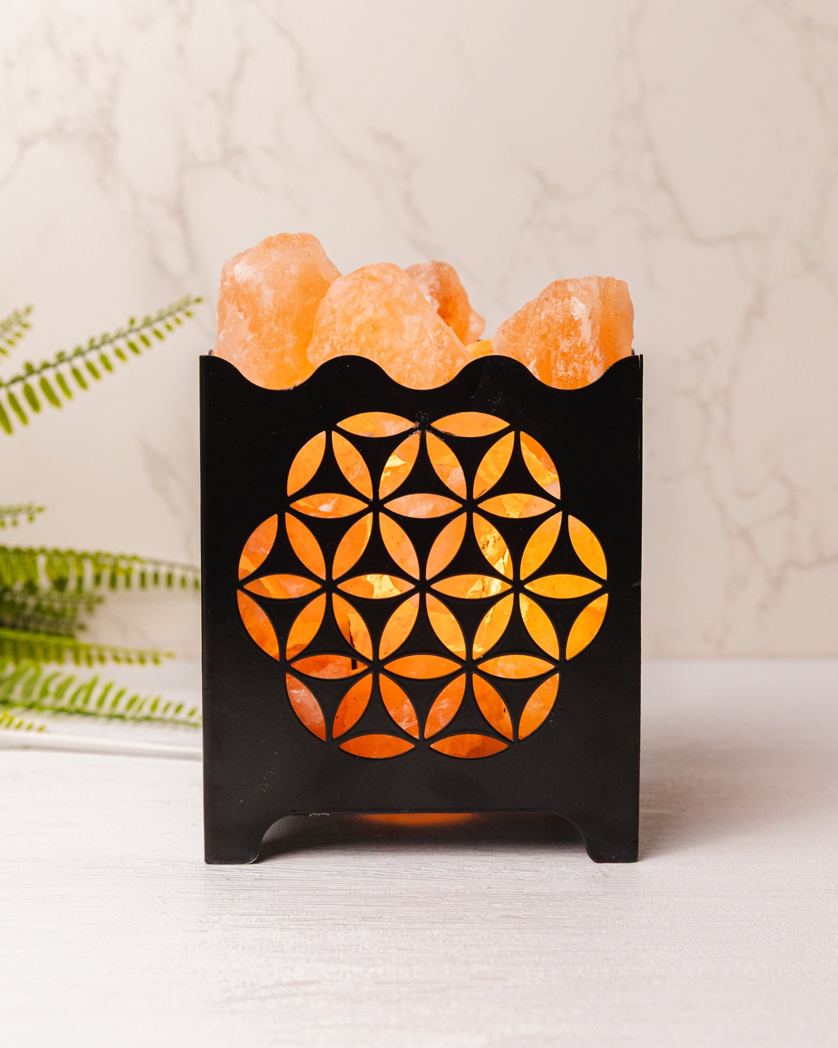 Zwarte ijzeren korf met Himalaya zoutstenen (zoutlamp)