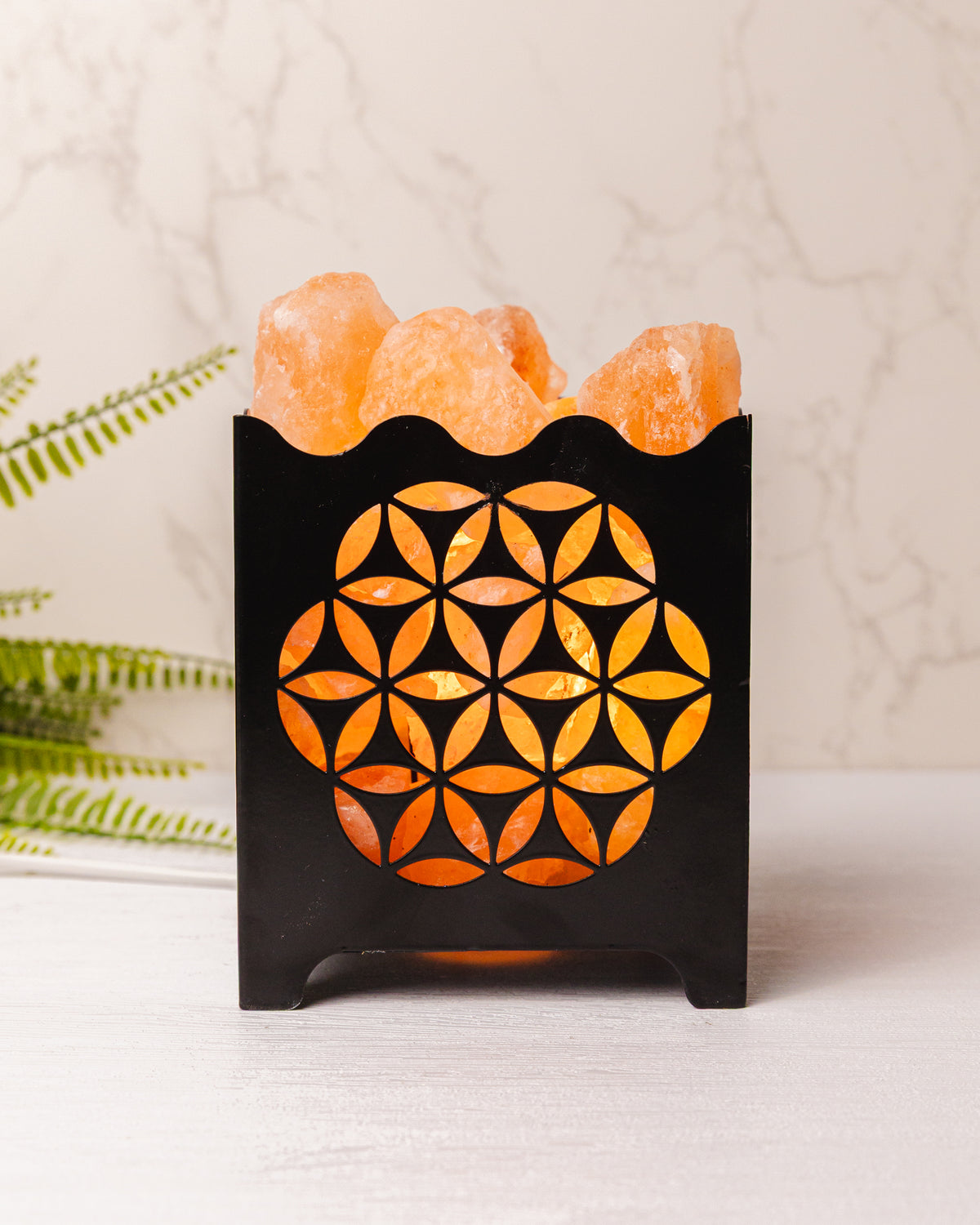 Zwarte ijzeren korf met Himalaya zoutstenen (zoutlamp)