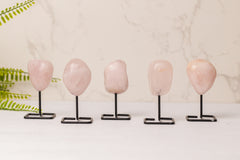 Gepolijste rozenkwarts op zwart standaard